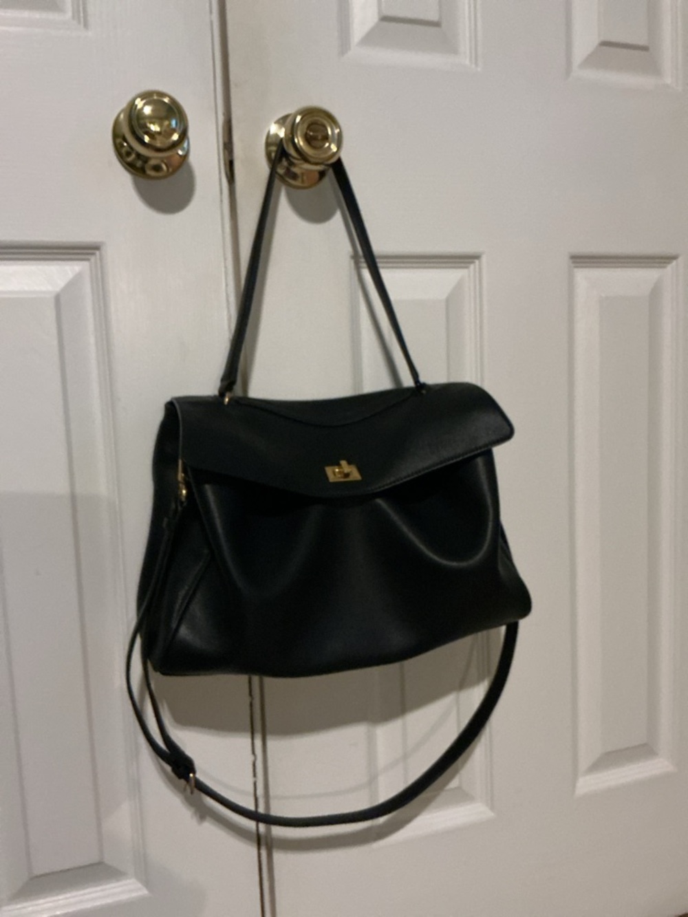 Classic Black Leather Crossbody with Gold-Tone Turn Lock